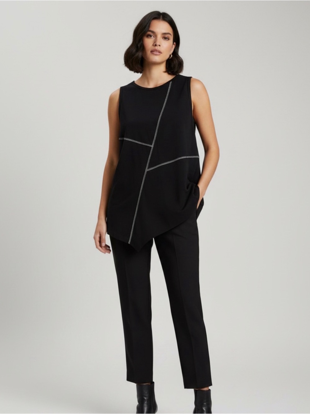 Made in Italy, 100% Cotton Sleeveless Black Asymmetric Tunic